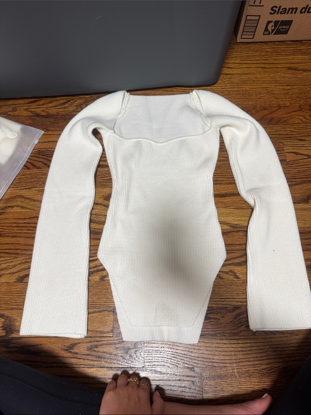 White Long-Sleeve Knit Bodysuit Sweater